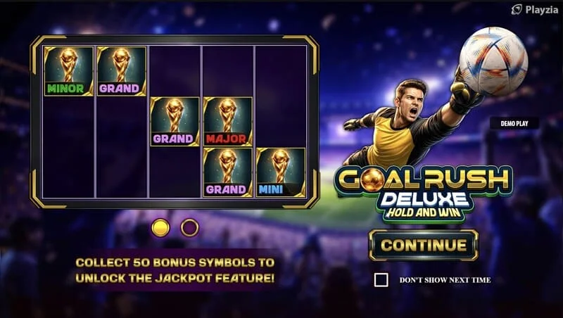 Goal Rush Deluxe – Főmenü tárcsákkal és stadion tribünökkel
